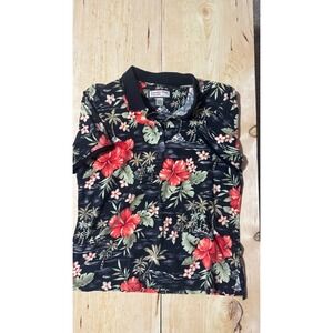 Jamaica Bay Women L Polo Shirt Black Tropical Floral Hibiscus Palm Tree Stretch